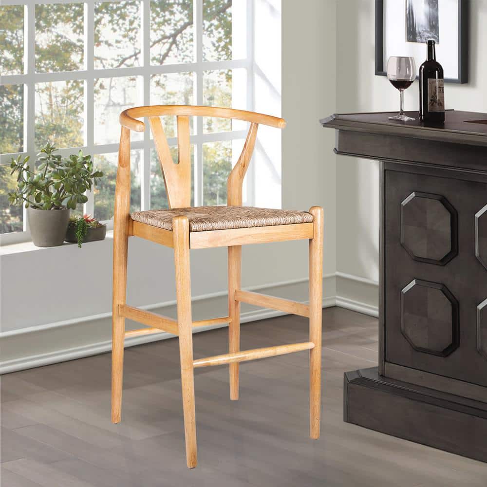Wishbone 29in. High Back Kitchen Wood Bar Stool with Rush Seat-Natural Fini