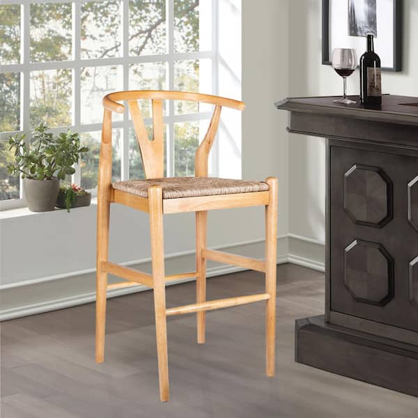 Boraam Wishbone 29in. High Back Kitchen Wood Bar Stool with Rush Seat-Natural Finish-1 Bar Stool