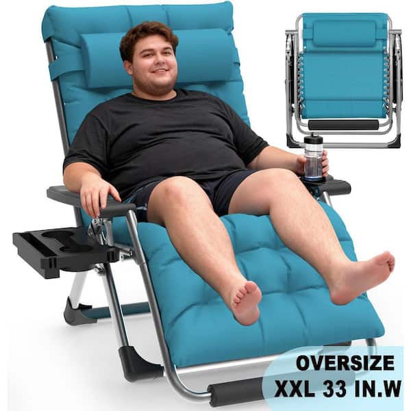 33 in.W Oversized Zero Gravity Chair Metal Outdoor Chaise Lounge with Light Blue Removable Cushion and Headrest