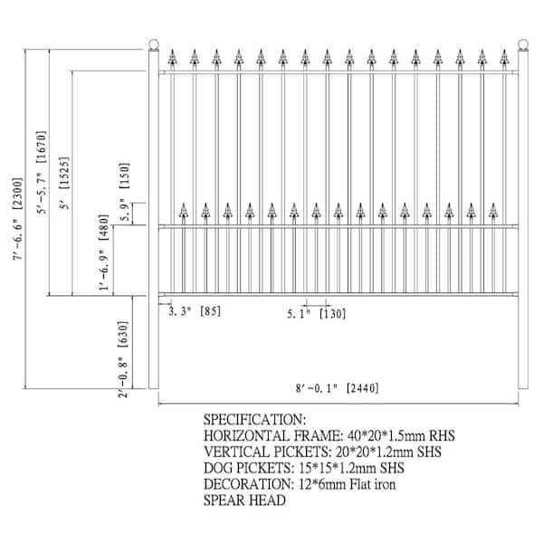 Munich Style 5 ft. x 8 ft. Black Iron Fence Panel