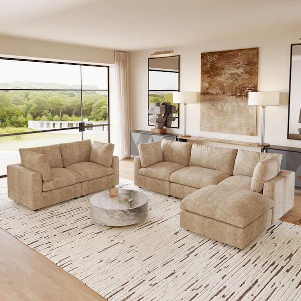 Modular Cloud Couch, 6-Piece Khaki Chenille Convertible Living Room Set Sectional Sofa with Removable Covers and Ottoman