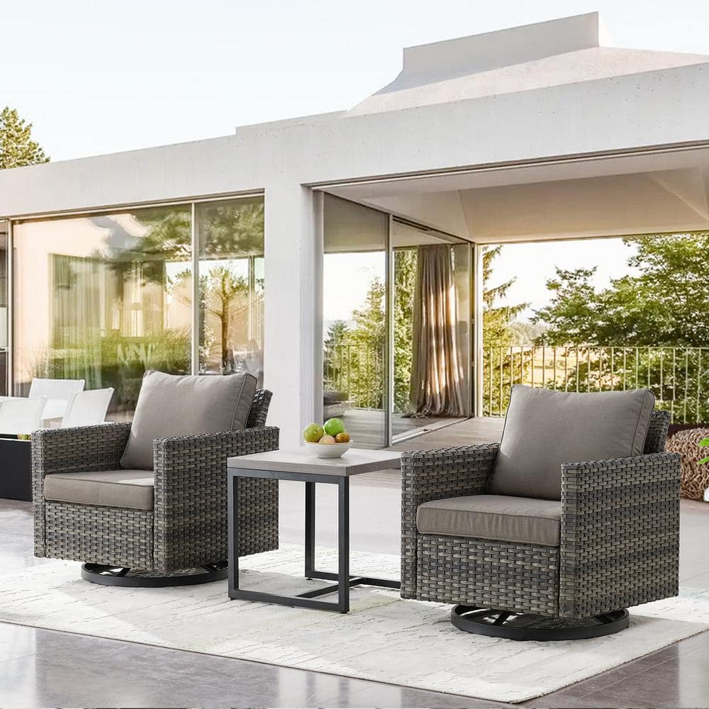 Gray 3-Piece Wicker Patio Conversation Set, Outdoor Swivel Rocking Chairs with Side Table and Gray Cushions for Balcony price history on PriceWatchPro