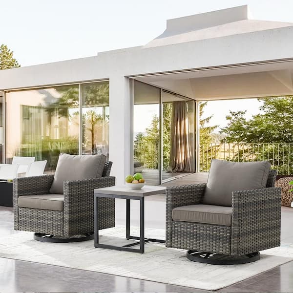 Opohoro Gray 3-Piece Wicker Patio Conversation Set, Outdoor Swivel Rocking Chairs with Side Table and Gray Cushions for Balcony