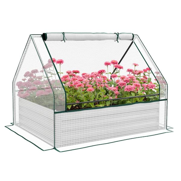 Unbranded Raised Garden Bed with White Mini Greenhouse, Galvanized Steel Outdoor Planter Box for Patio, Garden, or Balcony Use