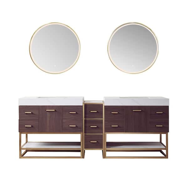 ROSWELL Toledo 84 in. W x 22 in. D x 34 in. H Double Sink Bath Vanity in Dark Walnut with White Composite Stone Top and Mirror