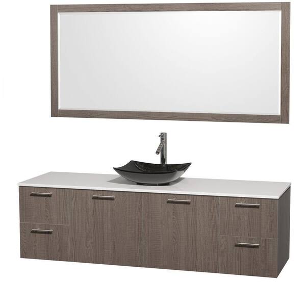 Wyndham Collection Amare 72 in. Vanity in Gray Oak with Solid-Surface Vanity Top in White, Granite Sink and 70 in. Mirror