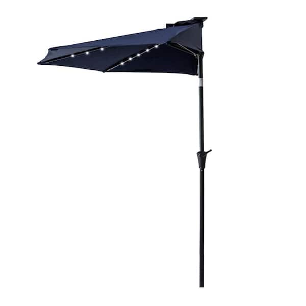 FLAME&SHADE 9 ft. Aluminum Market Solar Lighted Tilt Half Round Patio Umbrella with LED in Navy Blue Solution Dyed Polyester