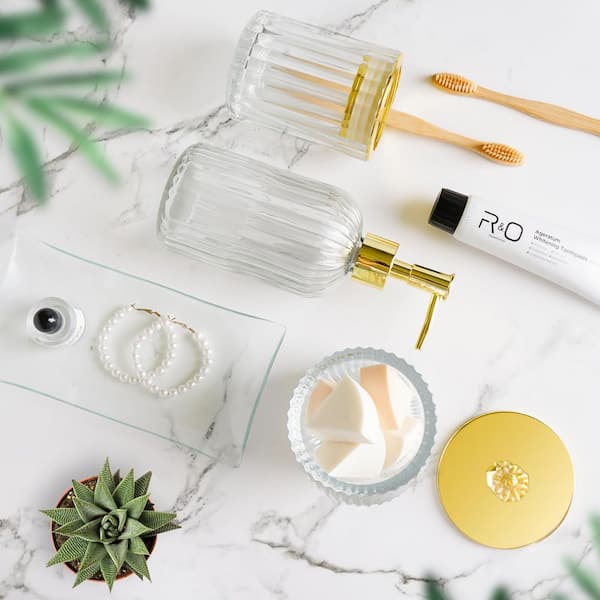 4 Pieces Glass Sink Accessory Set with Soap Dispenser Toothbrush Holder Apothecary Jar Vanity Tray Gift Decor