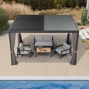 10 ft. x 13 ft. Gray Louvered Pergola with Adjustable Aluminum Flat Roof Patio Gazebo with Netting and Curtains