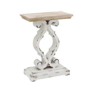 French Country 19.75 in. H x 27.5 in. W Rectangle Natural Wood Top End Table with Distressed White Carved Legs