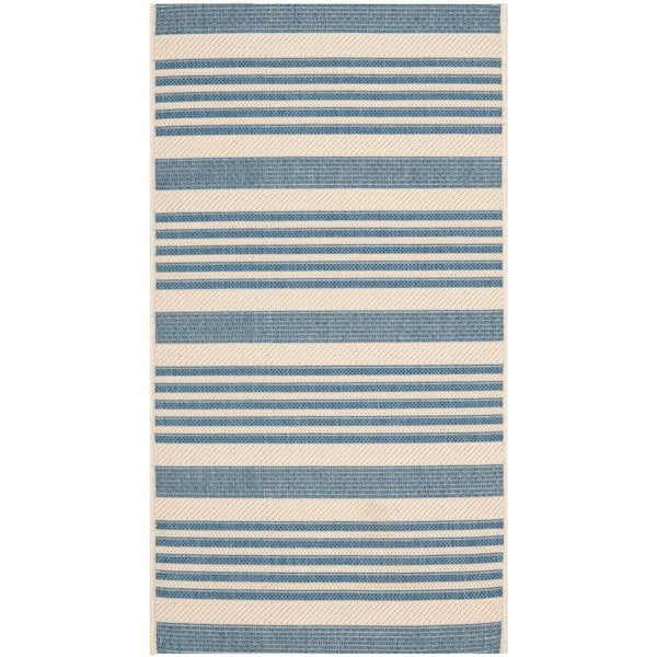 Courtyard Beige/Blue Doormat 2 ft. x 4 ft. Striped Indoor/Outdoor Patio Area Rug