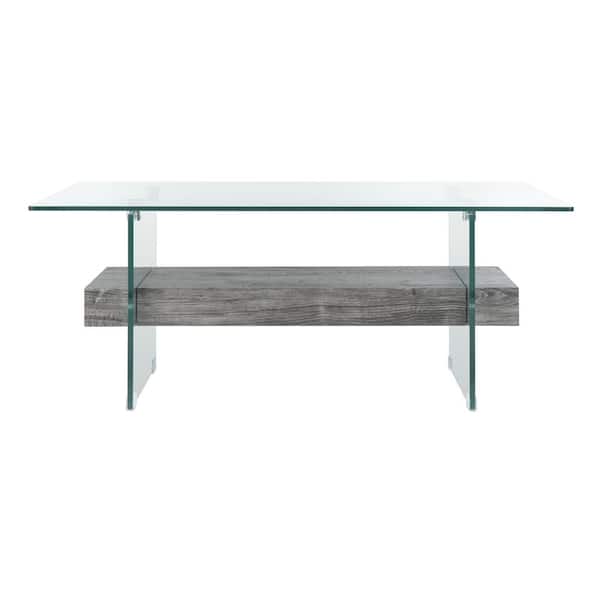 SAFAVIEH Kayley 43.3 in. Glass/Black Oak Wood Shelf Rectangle Coffee Table