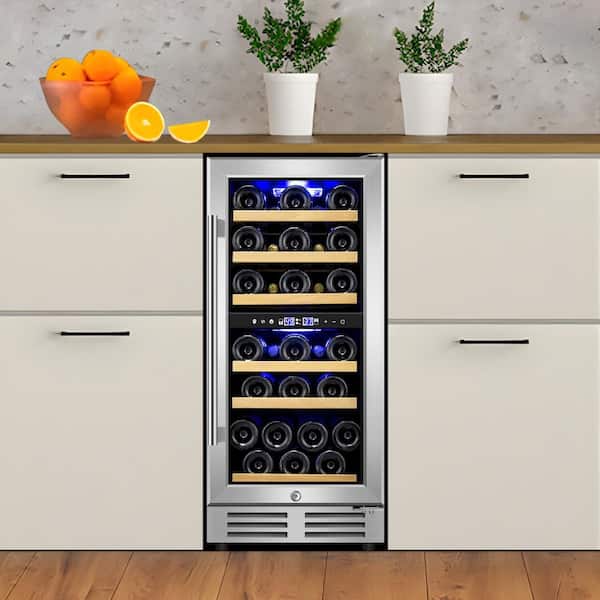 15" Dual Zone 30-Bottle Cellar Cooling Unit Built-In and Freestanding Wine Cooler in Blue LED 2 handles Stainless Steel