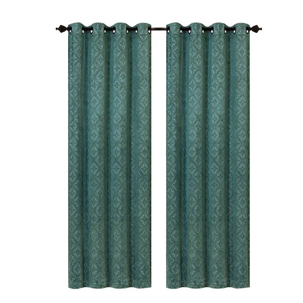 Creative Home Ideas Semi-Opaque Matine Trellis Extra Wide Rich Blue Embossed Velvet Grommet Curtain Panel - 54 in. W x 84 in. L