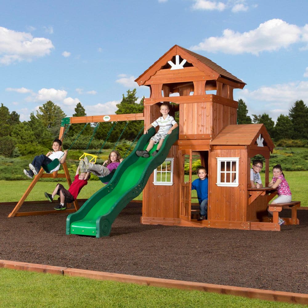 Shenandoah Cedar Wood Swing Set with Green Slide and Playhouse