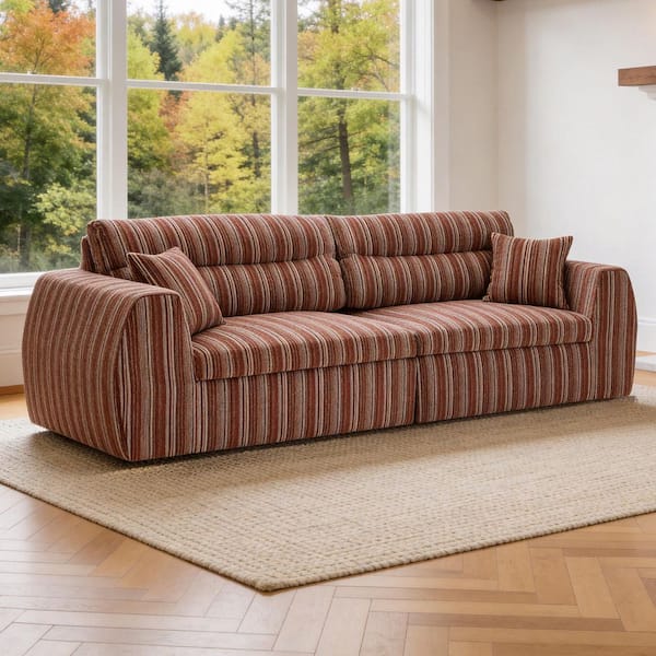 Lucian 111.02 in. Round Arm Striped Boucle Fabric Rectangle Compressed Sofa in Mahogany Red+Brown with Throw Pillows