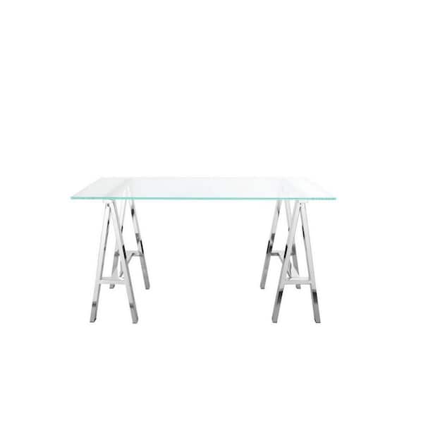 Benjara Rani 30 in. Rectangular Clear Tempered Glass Top Writing Desk with Chrome Steel Frame