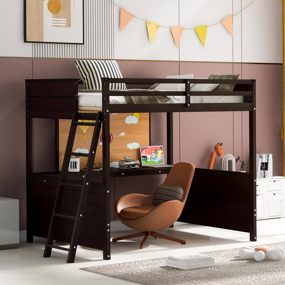 Harper & Bright Designs Espresso Full Size Wood Loft Bed With Desk, Writing  Board And Ladder Qmy099Aap - The Home Depot