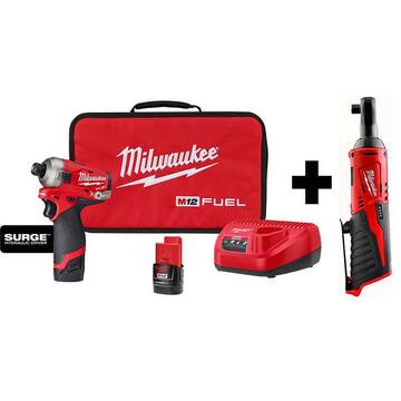 M12 FUEL SURGE 12V Lithium-Ion Brushless Cordless 1/4 in. Hex Impact Driver Compact Kit w/ M12 3/8 in. Ratchet