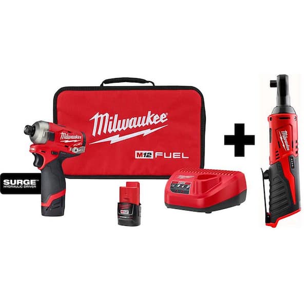 Milwaukee - M12 FUEL SURGE 12V Lithium-Ion Brushless Cordless 1/4 in. Hex Impact Driver Compact Kit w/ M12 3/8 in. Ratchet