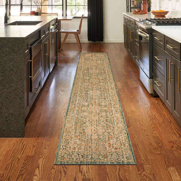 Antique Bloom Teal 2 ft. x 12 ft. Medallion Traditional Runner Area Rug