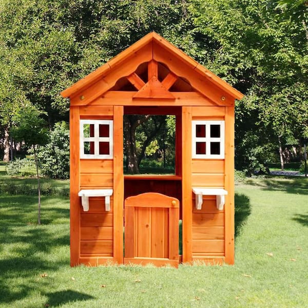 Huluwat 42 in. W x 46 in. D x 55 in. H All Wooden Playhouse with 2-Windows and Flowerpot Holder for Kids, Golden Red
