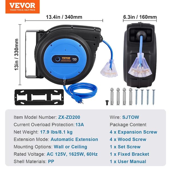VEVOR 75 ft. 14 / 3 13 Amp Retractable Extension Cord Reel Heavy