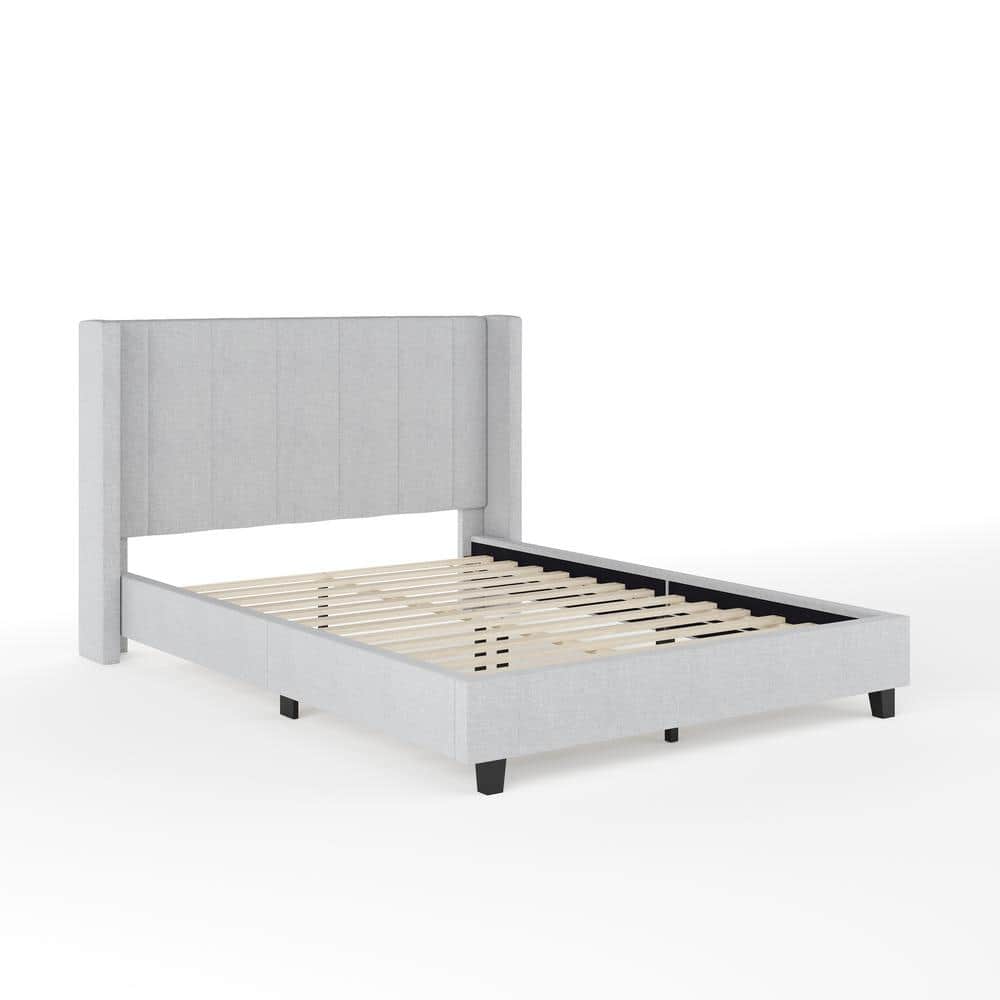 Gray Full Upholstered Platform Bed with Linen Headboard