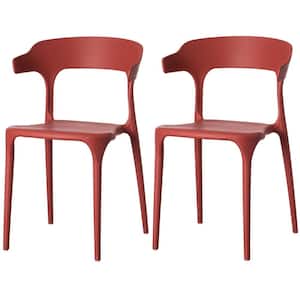 Modern Plastic Outdoor Dining Chair with Open U Shaped Back in Red (Set of 2)