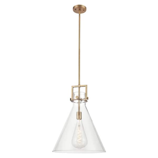 Newton Cone 100-Watt 1-Light Brushed Brass Shaded Mini Pendant Light with Clear Glass Shade