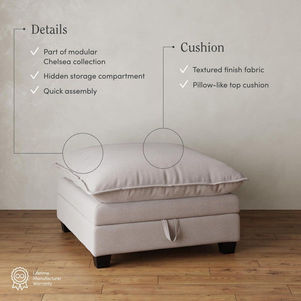 Beige linen storage ottoman with feature callouts for the cushion and storage.