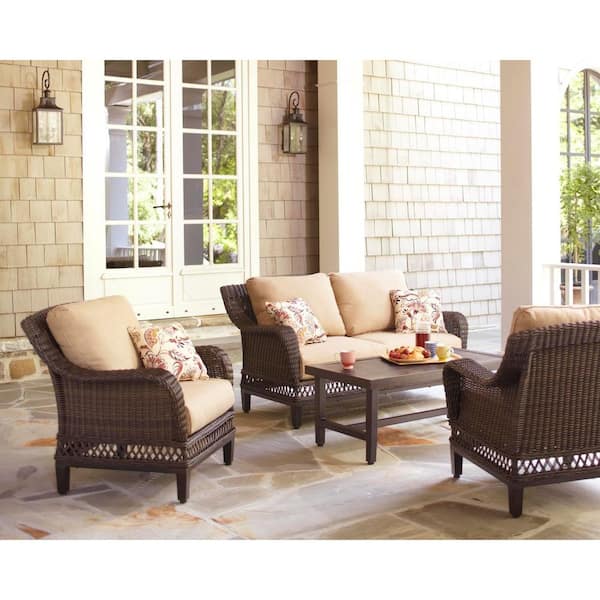 Hampton Bay Woodbury 4-Piece Wicker Outdoor Patio Seating Set with Textured Sand Cushion
