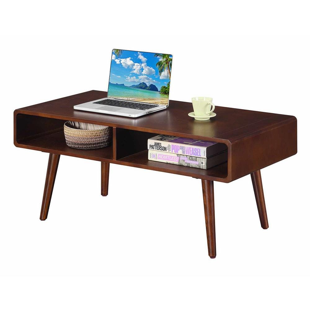 Mid-Century Modern Espresso Rectangular Coffee Table with Open Cubbies