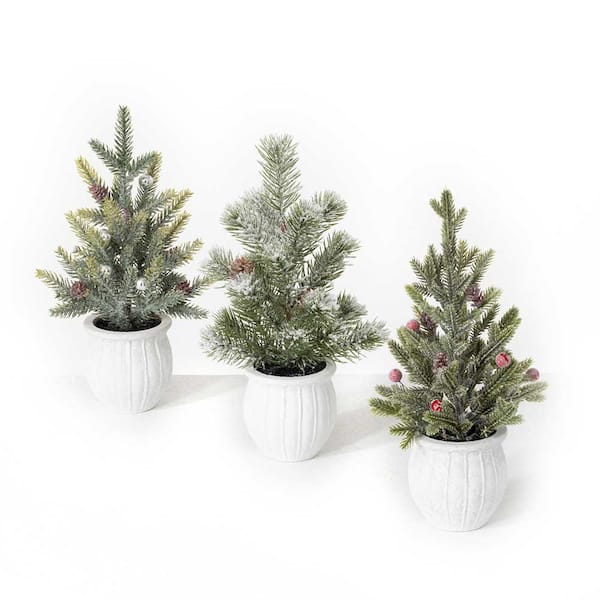 Pre-Lit Mini Pine Trees, Set of 3