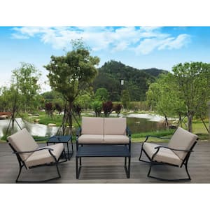 Black 5-Piece Metal Outdoor Patio Conversation Seating Set with Light Brown Cushions