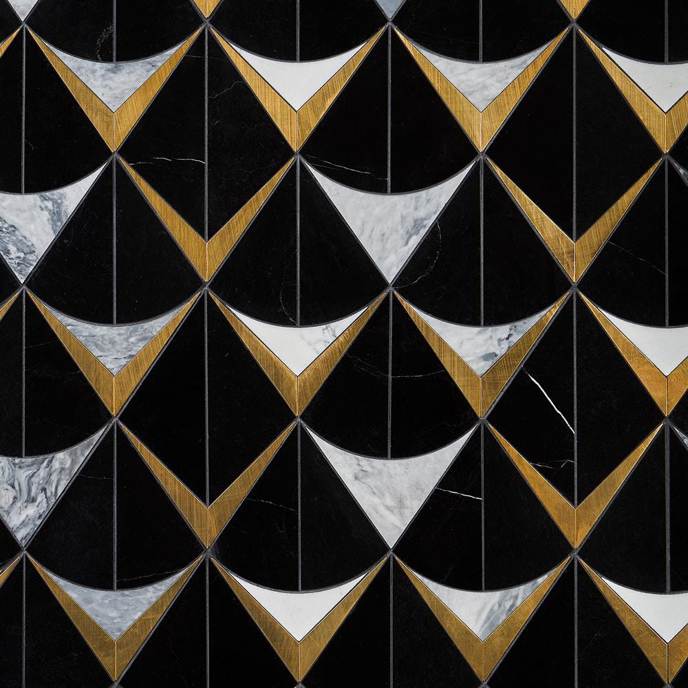 Larvotto Black Marble and Brass Diamond Mosaic Wall Tile