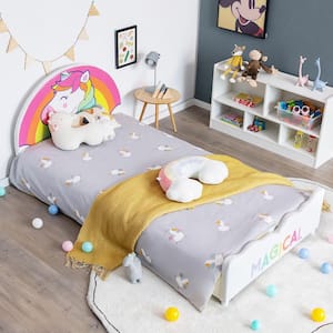 White Kids Upholstered Platform Bed Children Twin Size Wooden Bed Unicorn Pattern