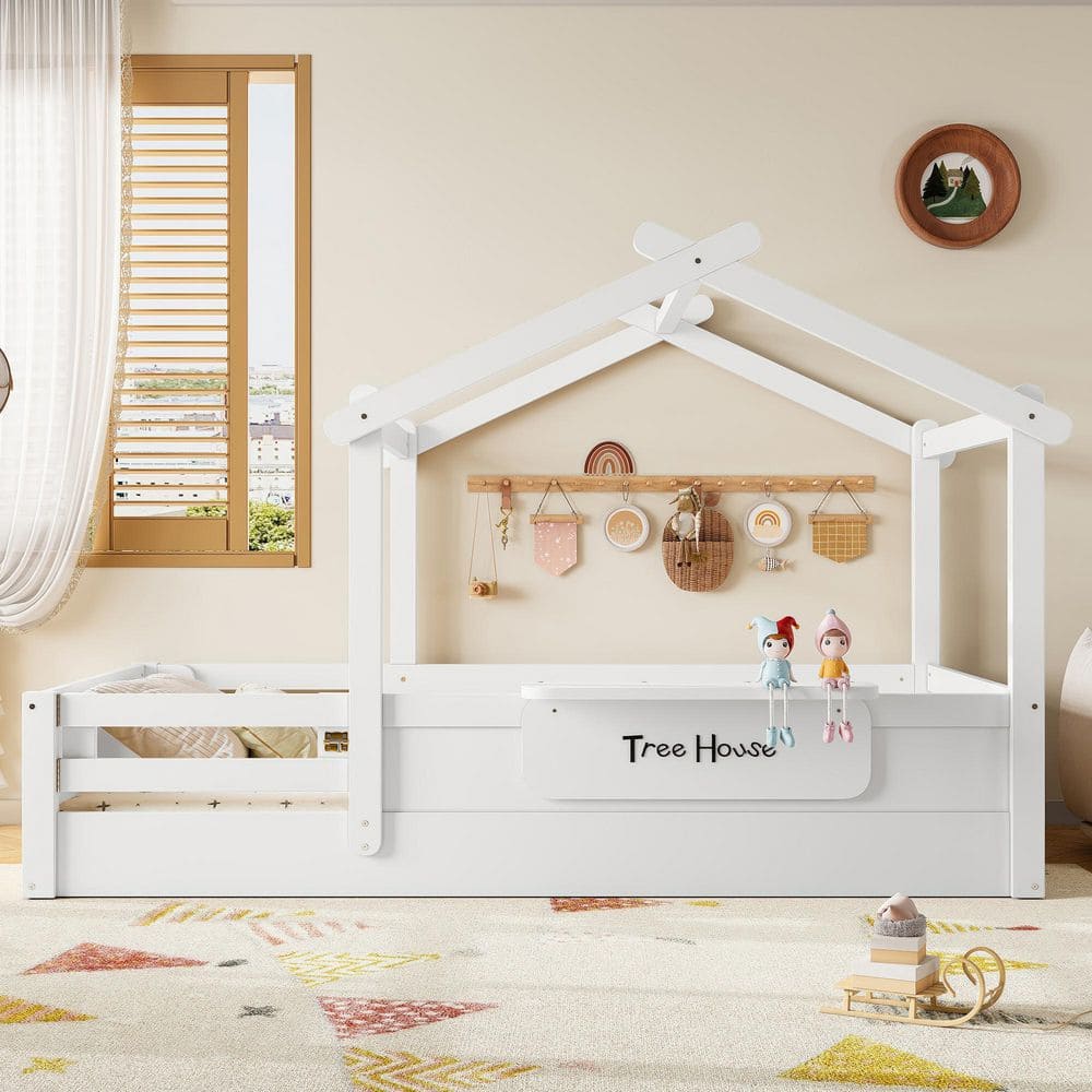 Neah White Twin Wood Kids House Floor Bed with Guardrails and Free-installed Signboard price history on PriceWatchPro