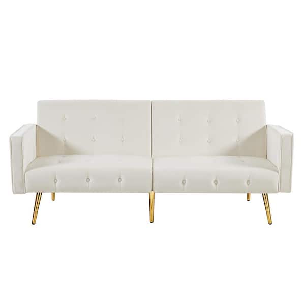ATHMILE 76 in. White Velvet Twin Size Button Tufted Sofa Bed