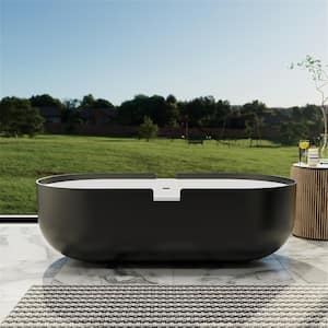 70.86 in. x 35.43 in. Double Slipper Soaking Bathtub with Center Drain in Black Solid Surface Stone