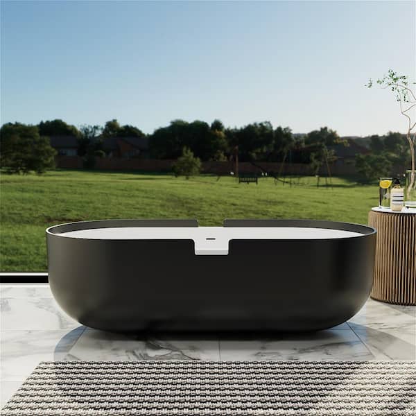 MYCASS 70.86 in. x 35.43 in. Double Slipper Soaking Bathtub with Center Drain in Black Solid Surface Stone