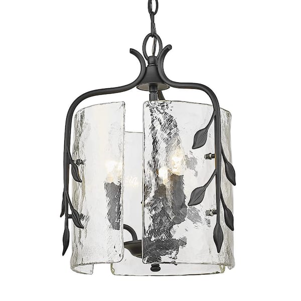 Golden Lighting Calla 3-Light Natural Black and Hammered Water Glass Linear Pendant Light
