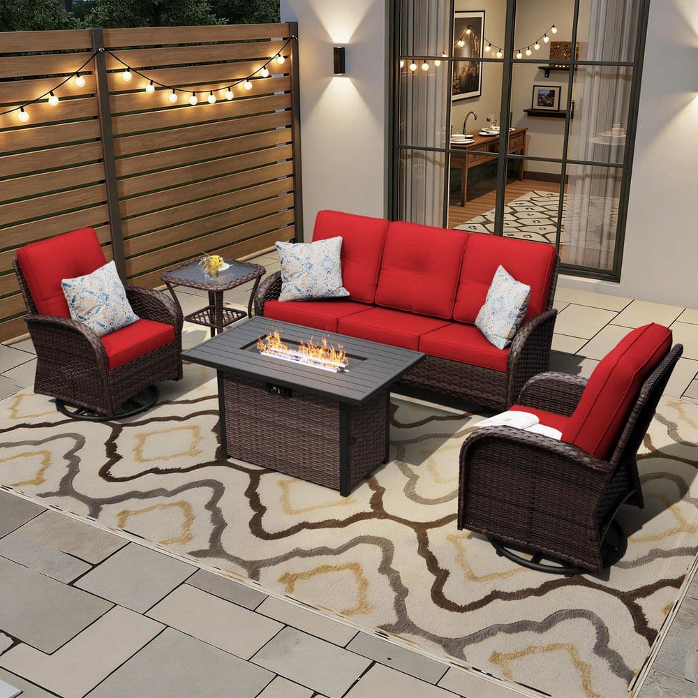 5-Piece Fire Pit Patio Set Wicker Outdoor Patio Conversation Set with Swivel Rocking Chairs and Red Cushions price history on PriceWatchPro