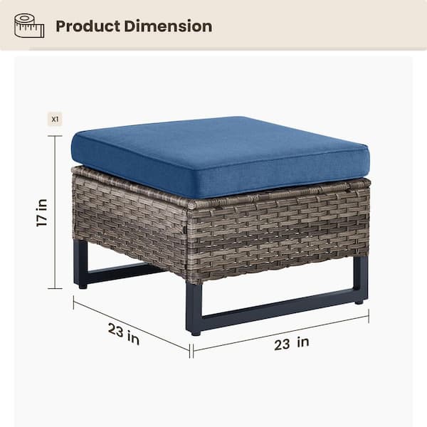 U-Frame Gray Wicker Outdoor Ottoman with Blue Cushions (2-Pack)