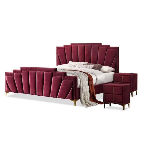 Furniture of America Cedarbrook 3-Piece Art Deco Red Velvet Upholstered California King Bedroom Set with Care Kit And 2-Nightstands