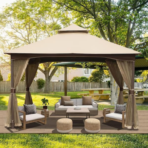 Jager 13 ft. x 10 ft. Steel Frame Gazebo in Khaki with Double Soft Polyester Fabric Roofs and Mosquito Net