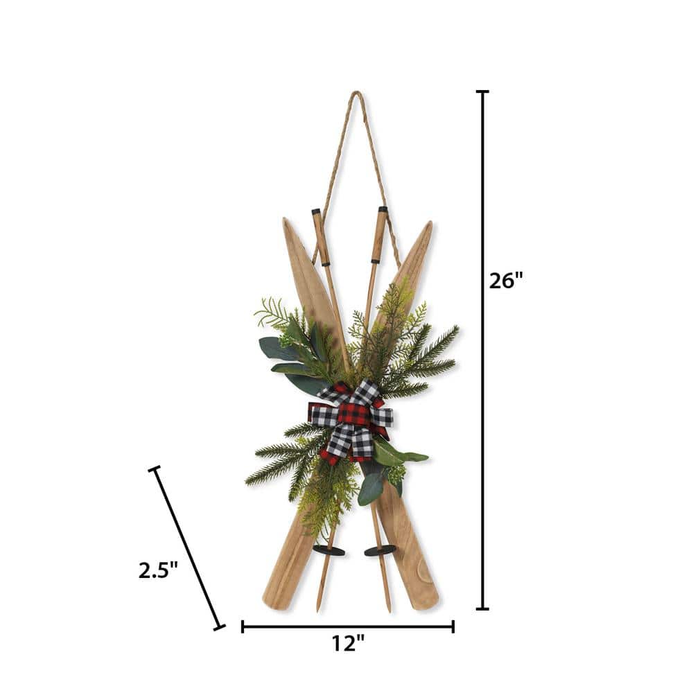 26-Inch Natural Wood Ski Wall Hanging with Plaid Bow and Greenery