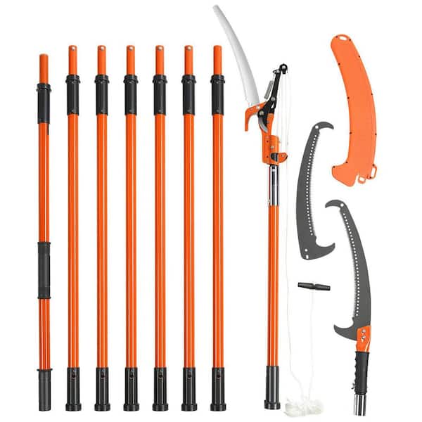 Orange Manual Pole Saw, 7.3-27 ft Extendable Tree Pruner, Sharp Steel Blade and Scissors High Branches Trimming