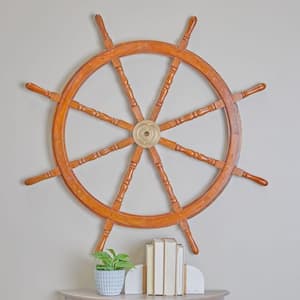 48 in. x  48 in. Wood Brown Ship Wheel Sail Boat Wall Decor with Gold Hardware