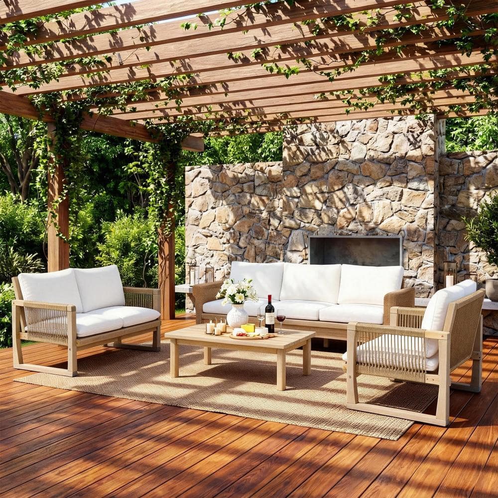4-Piece Acacia Wood Patio Conversation Set with Hand-Woven Rattan Accents & Weather-Resistant Cushions price history on PriceWatchPro